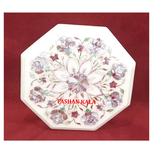 Table de salon en marbre blanc pur, forme octogonale, incrustée de motifs floraux, d'un aspect magnifique, idéale pour la décoration de la maison et des hôtels. - Product Image 5