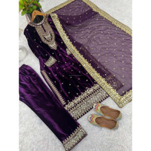 New Party Wear Viscose Velvet Designer Look Top-Dupatta et fond entièrement cousu avec broderie lourde Siquance Work - Product Image 1