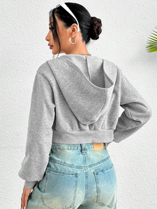 Custom Branding Textured Cropped Hooded <b>Top</b> Manufacturing Rhinestone Print With Sequined Cotton Blend <b>Zip</b>/<b>Up</b> <b>Women's</b> Hoodies USA - Product Image 2