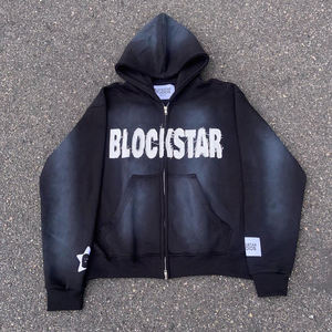 Sudadera con capucha personalizada BLOCKSTAR para hombre, roja, de corte regular, con cremallera, letras bordadas, estilo urbano, 100% algodón, diseño de dibujos animados - Product Image 3