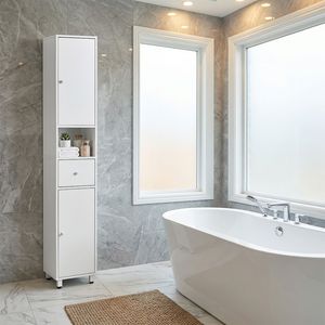 Mobile Bagno a Due Ante, Una Cassetto e Un Ripiano con Finitura Melaminica 30x30x170cm in Truciolato Bianco per Spazi Ristretti - Product Image 2