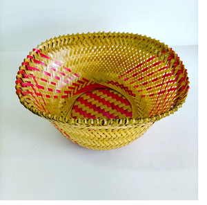 Vibrant Wide Flared Handwoven <b>Bamboo</b> Fruit <b>Basket</b> Bowl Pink Crisscross Accents Luxury Hanging Storage for Hotels Wholesale - Product Image 1