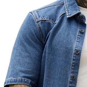 Chemise en jean personnalisée pour homme à manches courtes, en coton lavé, boutonnée, décontractée, respirante, séchage rapide, col rabattu, coupe classique, poche poitrine - Product Image 5
