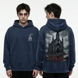 เสื้อฮู้ดลายกราฟิกโบสถ์แวมไพร์แบบกำหนดเองสำหรับผู้ชาย ทรงโอเวอร์ไซส์ สีน้ำเงินวินเทจ ผ้าเฟรนช์เทอร์รี่หนานุ่ม สไตล์สตรีทแวร์ จากผู้ผลิต - Product Image 1