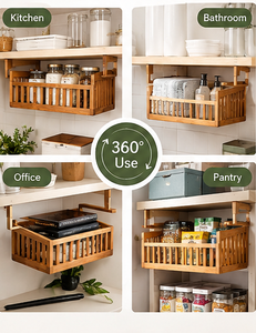 Wooden Under Shelf Storage Basket Acacia Hanging Organizer Rack Open Slat Kitchen Pantry Bathroom Shelf Tray - Product Image 4