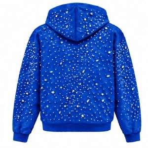 Customized Royal Blue Pearl Full <b>Zip</b> <b>Hoodie</b> Pearl Studded Streetwear Jacket Long Sleeve Hooded Sweatshirt With Front <b>Pockets</b> - Product Image 2