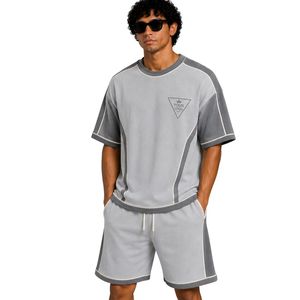 <b>Light</b> Grey Mens Oversized T Shirt And Shorts Set Dark Grey Contrast <b>Panels</b> Custom Logo Crew Neck Casual Streetwear Wholesale - Product Image 1