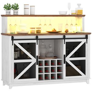 Mobile Bar da Cucina Bianco Stile Fattoria da 55 Pollici con Luci LED, Portabottiglie e Portabicchieri per Cucina e Sala da Pranzo - Product Image 1