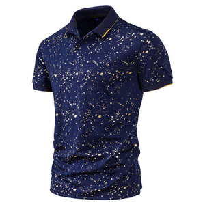 Camisa de Manga Corta para Hombre, Color Azul Marino, con Estampado de Lámina Dorada, Cuello Clásico, Corte Entallado, Casual, Antiarrugas, con Bolsillo - Product Image 5
