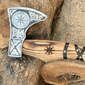 Hache industrielle de style Viking en acier au carbone, design gravé, manche en bois, symbole nordique, pour camping, bushcraft, coupe de bois, décorative - Product Image 6