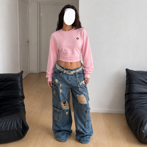 OEM Fashion <b>Top</b> Women's Ruched Waist <b>Cropped</b> Crewneck Sweatshirt Cotton Fleece Pink Long Sleeve Streetwear Hoodies Private Label - Product Image 4