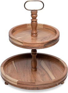 Two-Tier Round Wooden Cake Stand Handmade With Metal Handle For Cupcakes And Desserts - Product Image 3