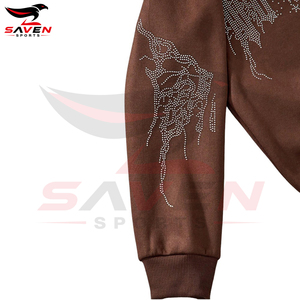 Service OEM ODM – Nouveau sweat à capuche zippé marron pour homme, coupe oversize, imprimé strass, tissu épais, effet diamant brillant, style streetwear - Product Image 2