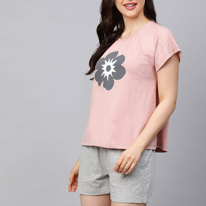 Conjuntos de verano para mujer, conjunto de dos piezas con pantalones cortos, oversize, 100% algodón, top corto de manga corta con cuello redondo y pantalones cortos, conjunto de 2 piezas para mujer - Product Image 3