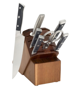 Collection de couteaux de cuisine à manche noir avec lames argentées, bloc en bois brun, ciseaux et aiguiseur pour trancher et hacher - Product Image 6