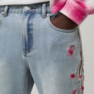 Floral <b>Embroider</b> Distressed Flared <b>Jean</b> for Men Streetwear Mid Waist Denim Pant Light Washed Relaxed Fit Ripped Men's <b>Jeans</b> - Product Image 3