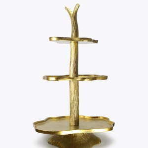 Gold Three Tier Cake Stand With Tree Trunk Design And Scalloped Edges For Elegant Display - Product Image 1