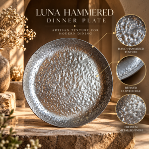 Assiette de table Luna en argent martelé, finition métallique texturée, vaisselle artisanale moderne, plat de service haut de gamme |   Assiettes Premium - Product Image 5
