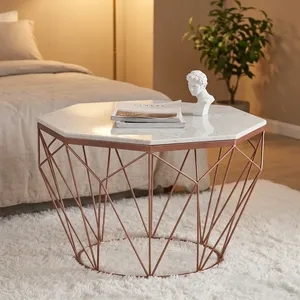 Modern <b>Marble</b> Look Coffee <b>Table</b> Metal Frame Center <b>Table</b> White Top Copper Finish For Living Room Center <b>Table</b> For Cafeteria - Product Image 1