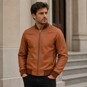 Blouson aviateur en cuir véritable pour homme, couleur unie, imperméable, fermeture éclair, col montant, automne, décontracté, longueur standard - Product Image 3