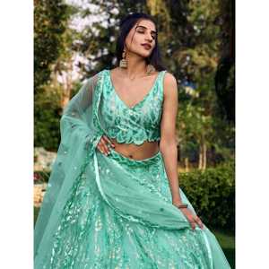 Merveilleux Turquoise Paillettes Net Réception Porter Lehenga Choli - Product Image 3