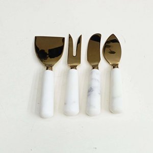 Ensemble de couteaux à fromage et à beurre en acier inoxydable, tête polie miroir avec manche beige, marbre personnalisé en acier inoxydable - Product Image 2