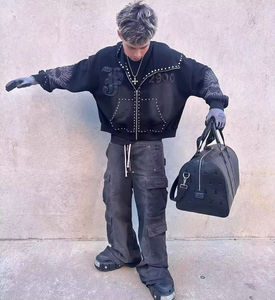 “Men’s Boxy Baggy Cropped Hoodie & Zip-Up <b>Jacket</b> – Acid Wash, Embroidery, <b>Rhinestone</b>, Sun-Faded Diamond Design - Product Image 3