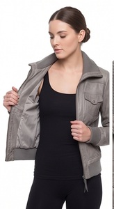 Wholesale <b>Women</b> Grey Sheep Skin Eco-Friendly Windproof Bomber <b>Jacket</b> Ribbed Trim Flight Moto Coat Custom Full Zip Utility - Product Image 5