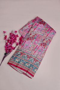 Tissu jacquard en viscose pure rose vif à imprimé ethnique et paysager avec bordure éléphant pour la confection de robes Kurti de créateur - Product Image 6