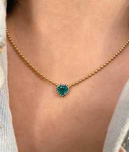 Heart Pendant <b>Necklace</b> Simulated Emerald 0.90carat Ball Beaded Chain Black Rhodium Choker Wholesale 14k Solid Gold Manufacturer - Product Image 2