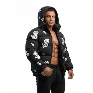 เสื้อแจ็คเก็ตพัฟเฟอร์มีฮู้ดลายดอลลาร์สีดำสำหรับผู้ชาย เสื้อโค้ทกันหนาวแฟชั่นสตรีทแวร์ เสื้อคลุมกันหนาวขายส่ง - Product Image 6