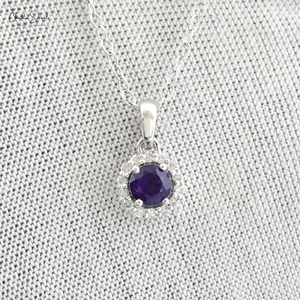 Ready to Ship <b>Pendant</b> Natural 4mm Round Cut Amethyst Gemstone Halo <b>Pendant</b> in 14k <b>Solid</b> White <b>Gold</b> Diamond <b>Pendant</b> Jewelry - Product Image 5