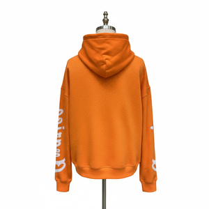 Sudadera con capucha naranja para hombre de alta calidad, con cremallera, logotipos bordados personalizados, estilo urbano, de algodón tejido, corte regular. - Product Image 2