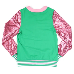 Chaqueta Cárdigan Varsity Personalizada Verde y Rosa, Manga Larga con Lentejuelas, Cierre de Botones, Cuello en V, Ribete Acanalado, Ropa Deportiva de Moda - Product Image 4