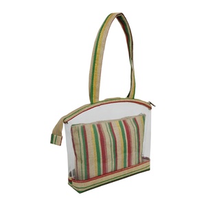 Sac cosmétique transparent en PVC à imprimé rayé, sac messager de style bohème pour femmes XL, sac de toilette en tissu de jute laminé PP, trousse de maquillage - Product Image 2