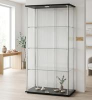 Vitrine Moderne Noire Sans Cadre en Verre à 4 Étagères pour Décoration Intérieure et Exposition
