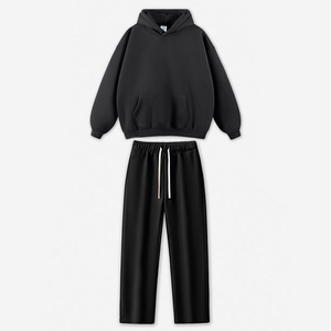 Conjunto de Sudadera con Capucha Negra Unisex, Estilo Urbano de Manga Larga 2 en 1, Pantalones Holgados con Bolsillos Laterales y Cordón Ajustable, Algodón - Product Image 1