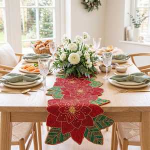 Hand Knitted Poinsettia <b>Table</b> <b>Runner</b> Red Green Christmas for Holiday <b>Dining</b> Dcor Home Polyester/Cotton Embroidered Mohammad - Product Image 1