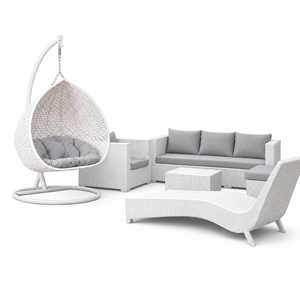 Ensemble de salon de jardin en rotin blanc avec chaise suspendue et coussins gris pour une utilisation en jardin ou sur la terrasse, meubles durables - Product Image 1