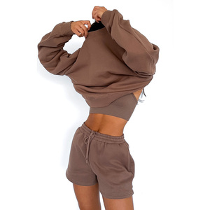 Ensemble sweat-shirt à col ras du cou pour femmes, couleur unie, avec short à cordon de serrage, manches longues, coupe ample, Style décontracté, vêtements d'été - Product Image 3