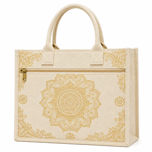 Bolsa de yute laminada blanca con estampado de mandala dorado, ecológica, reutilizable, para compras, al por mayor - Product Image 1
