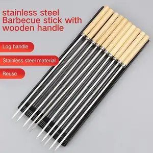 Platte Barbecue Stick Bbqneedle Met Houten Handvat Brochette Tong Kebabe Spiesjes Roestvrij Staal Gereedschap