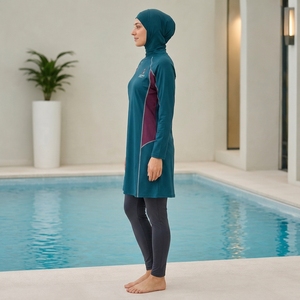 Conjunto de burkini impermeable de dos piezas con logo personalizado, traje de baño musulmán, traje de baño islámico, corte regular, traje de baño modesto para mujer, para nadar en la playa - Product Image 4