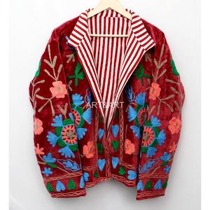 Handmade Multicolor Embroidered Velvet Women's Jacket Mandarin Collar Full Sleeve Geometric Pattern Autumn Wear - Product Image 4