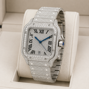 Reloj de Lujo para Hombre, Completamente Adornado con Diamantes Moissanite VVS, Caja Cuadrada de Cuarzo Clásica, Esfera con Números Romanos Antiguos, Manecillas Azules, Fecha - Product Image 3