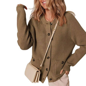 Cardigan en tricot décontracté pour femme, 100 % coton, col rond, manches longues, couleur unie, style automne, personnalisable, couleur bonbon - Product Image 1