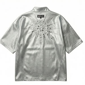 เสื้อยืดผู้ชายสีเงินเมทัลลิกประดับเพชรเทียมทรงโอเวอร์ไซส์ สไตล์สตรีทแวร์สุดหรู ประดับคริสตัล แฟชั่นเสื้อยืด - Product Image 2