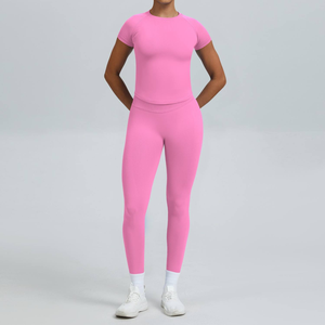 Conjunto de 2 Piezas para Yoga, Cuello Redondo sin Tirantes, Manga Larga, Cintura Alta, Largo Completo, Sin Costuras, Transpirable, Estampado, Ropa Deportiva, Elástico en 4 Direcciones - Product Image 4