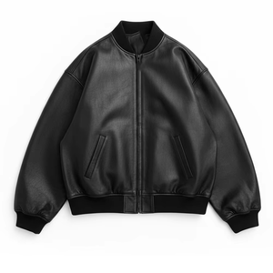 Blouson Moto Homme Noir en Cuir Véritable Écologique 300g Col Montant Imperméable Respirant Coupe-Vent Fermeture Éclair Coupe Droite Automne - Product Image 1
