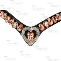 Fronture d'équitation en cuir de luxe, or rose, avec cœur en cristal, confortable, durable, couleur et logo personnalisables, taille sur mesure MS
